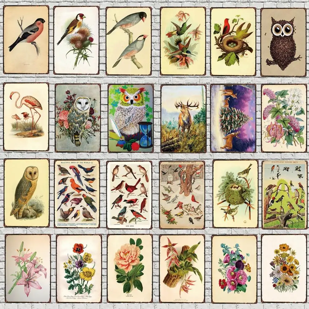 Металлический винтажный Железный постер в виде птицы/цветка пасторальное