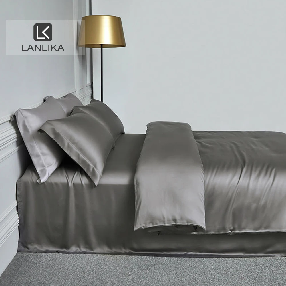 Lanlika 100% шелк темно-серый комплект постельного белья красота для вас кровати Queen King