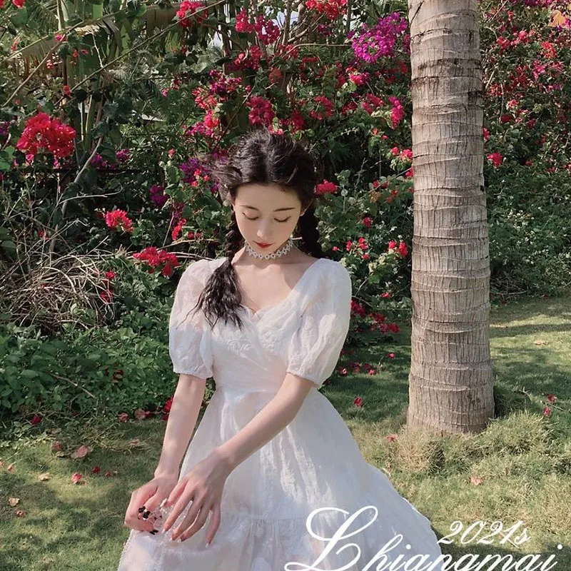 

Short Sleeve White Elegant Dresses for Women V-neck Solid Casual Dress female Beach One Piece Dress Korean Chiffon 2021 Sumemr