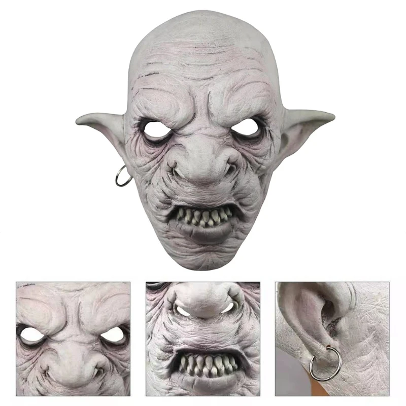 

Cool Goblins Mask with Earrings on the Ear Halloween Horror Mask Creepy Costume Party Cosplay Props Men Latex Scary Mask