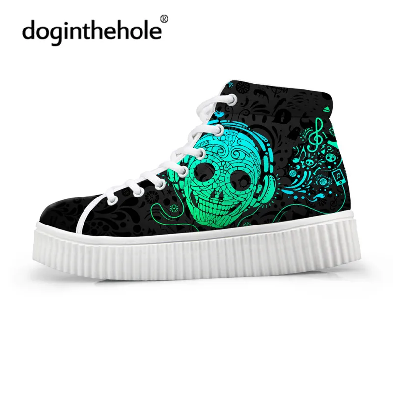 

Doginthehole Musical Skull Print Platform Shoes Women Music Note Black High Top Flat Footwear Ladies Heighten Comfort Lace Up