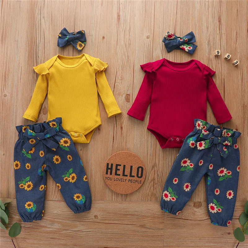 

PUDCOCO Newborn Baby Girl Romper Tops Solid Ribbed Ruffle Jumpsuit Sunflower Pants Headband Clothes Summer 3Pcs Outfits Set