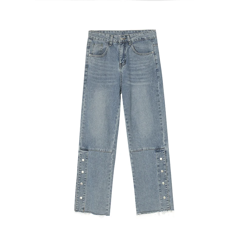 

IEFB Men's Wear 2021 Summer New Streetwear Denim Trousers Korean Straight Leg Metal Design Blue Jeans Trend Casual Bottom 9Y7597