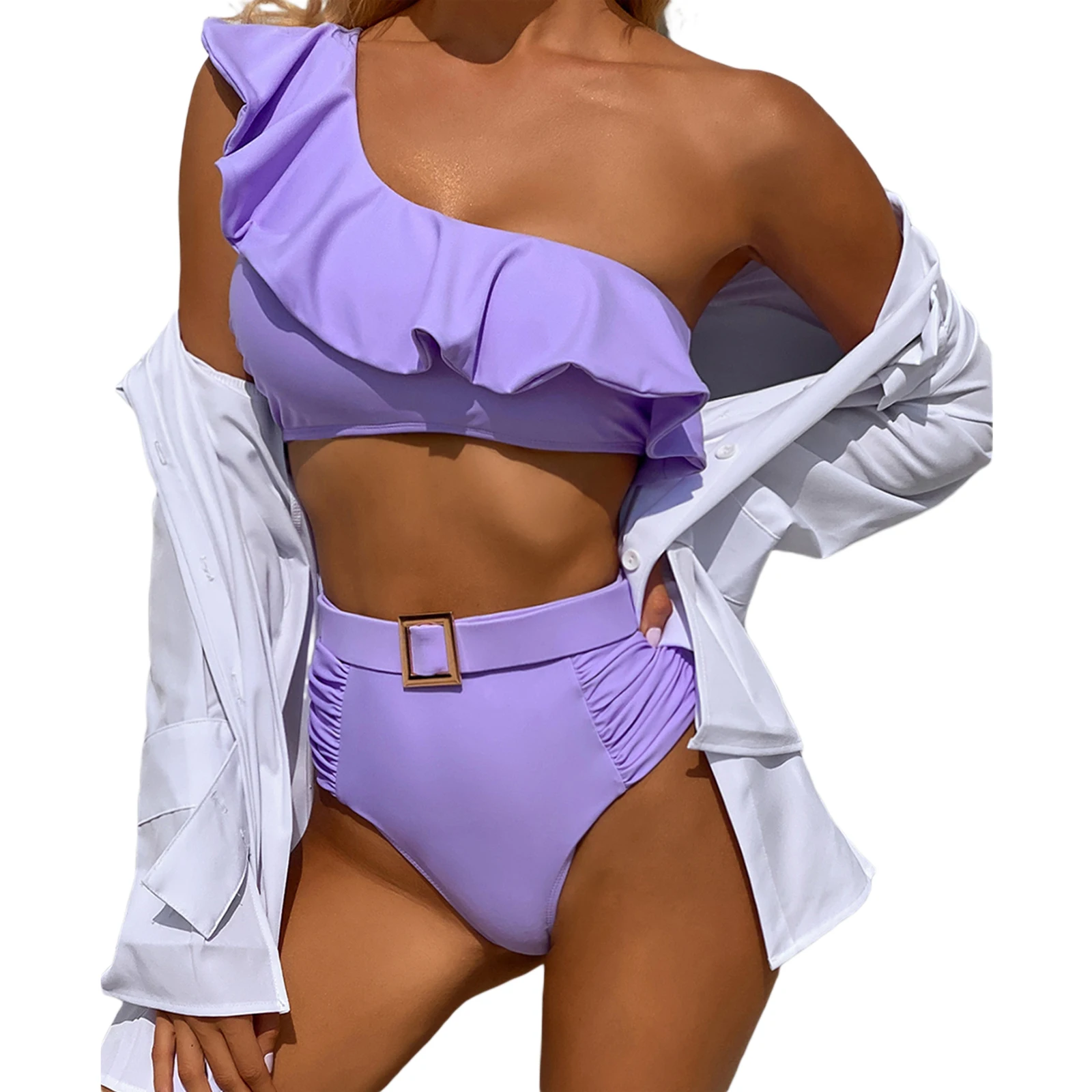 

Women's Sexy Solid Color Swimsuits With a Ruffle Sleeveless Oblique Shoulder Tops Briefs Classic Bare Midriff Two-pieces Set