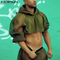 incerun stylish party nightclub casual men sets hooded breathable mesh stitching cropped tops 2021 perspective shorts suits 2021