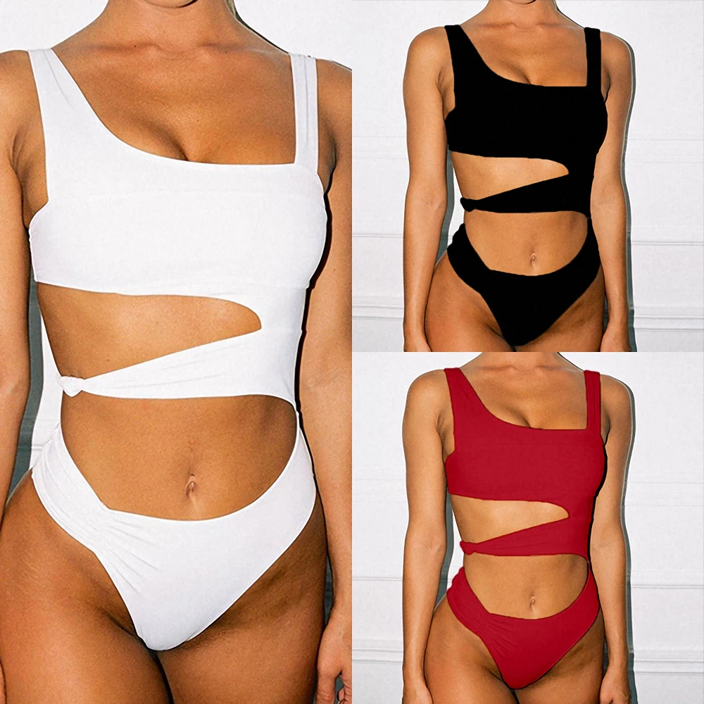 

Female Sexy One Piece Swimsuit White Black Red Women Hollow Cut Out Swimwear Push Up Bra Beach Wear Bathing Suits