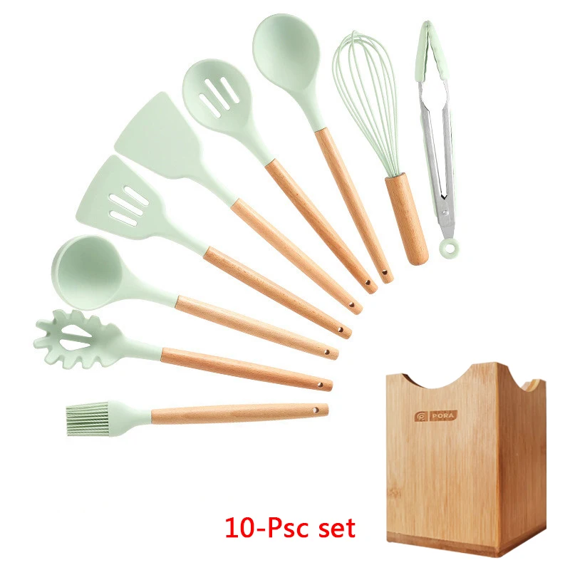 10-Pcs kitchen set 11-13 шт Силиконовая кухонная утварь набор кухонной утвари антипригарный шпатель Премиум деревянная ручка с ящиком для хранения кухонные инструменты - Цвет: 10-Pcs kitchen set