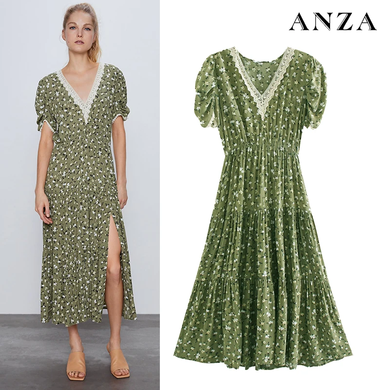 Женское шифоновое длинное платье ANZA зеленые повседневные кружевные с цветочным
