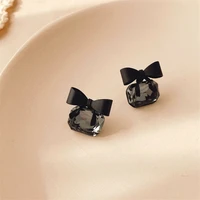 2021 new joker korean sweet black bowknot earrings for women fashion senior shiny crystal geometric square stud earrings jewelry