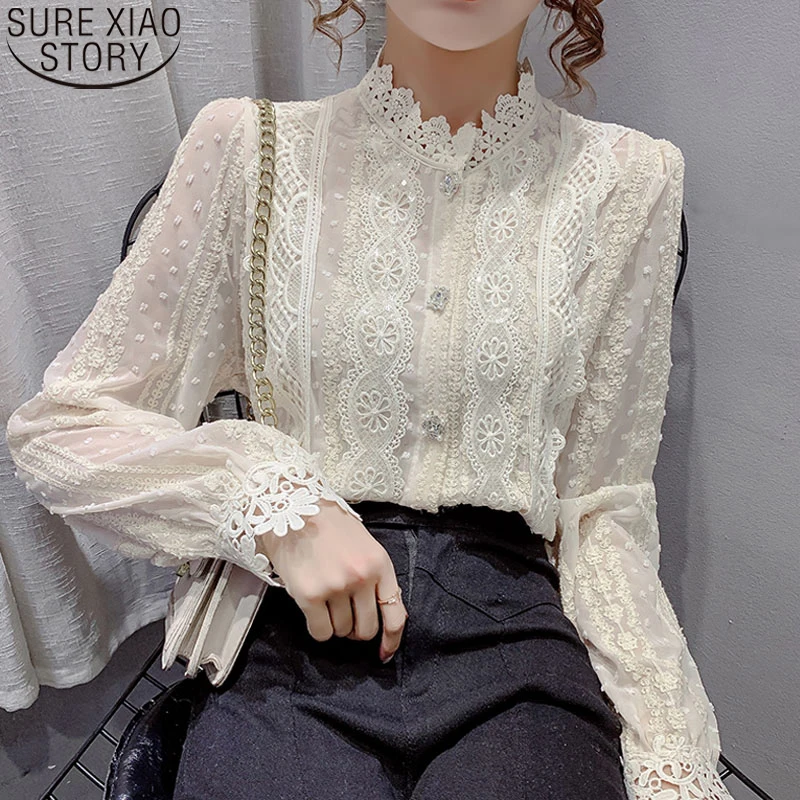 

Осенние элегантные кружевные шифоновые рубашки, модная блузка с длинным рукавом, женские топы, милая свободная Корейская одежда с воротник...