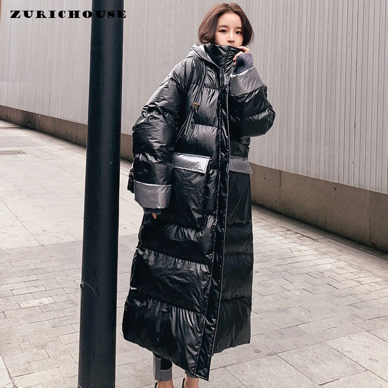 Женское зимнее пальто ZURICHOUSE длинная теплая парка с капюшоном модная Глянцевая