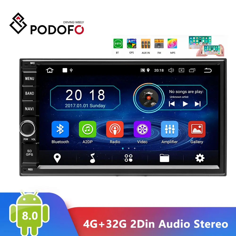Podofo Android 8 0 2 Din автомобильное радио 7 &quotВосьмиядерный 4G + 32G 2Din Аудио Стерео GPS