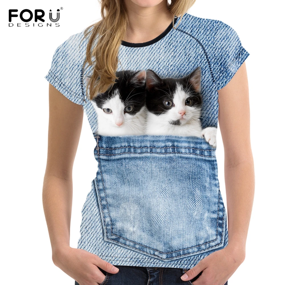 

FORUDESIGNS Funny 3D Blue Pocket Denim Shorthair Cat Print Women T Shirts Fashion Short Sleeve Tops Tees Fitness Summer T-shirts