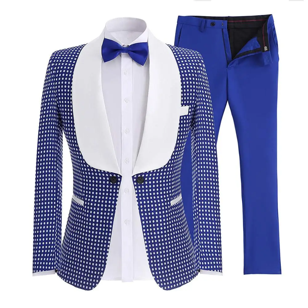 Casual Men's Suits Slim Fit 2 Piece Prom Vacation Royal Blue Tuxedos Point Solid Business Suit Wedding Grooms (Blazer+Pants)