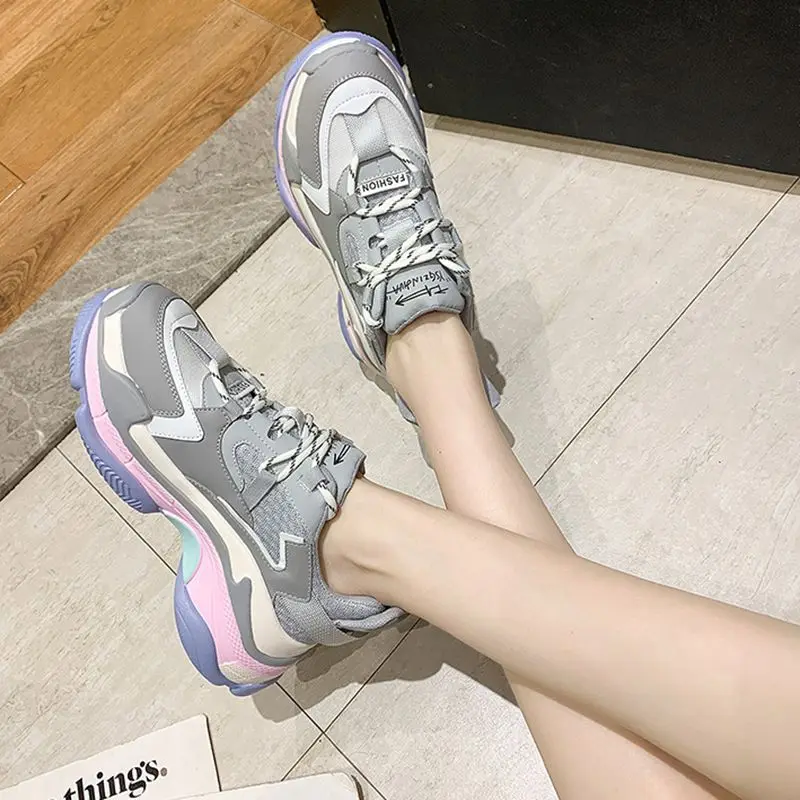 

Daddy shoes women's 2021 spring new color matching casual thick soled women's shoes round head lace up sports shoes