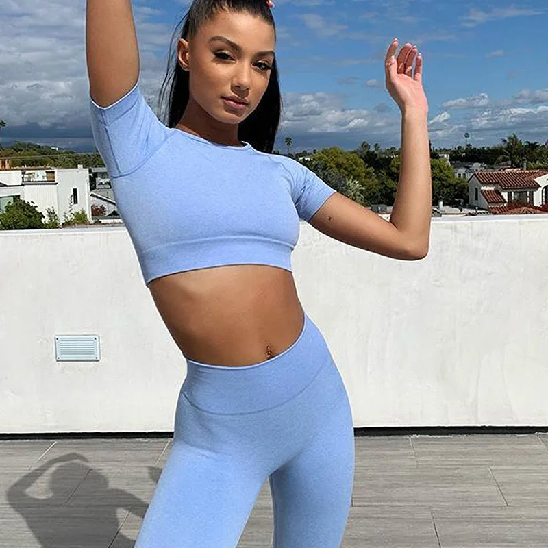 

2 Piece Set Women Seamless Set Women Yoga Sets Short Sleeve Crop Top High Waisted Sports Pants Gym Clothing Jogging Suits
