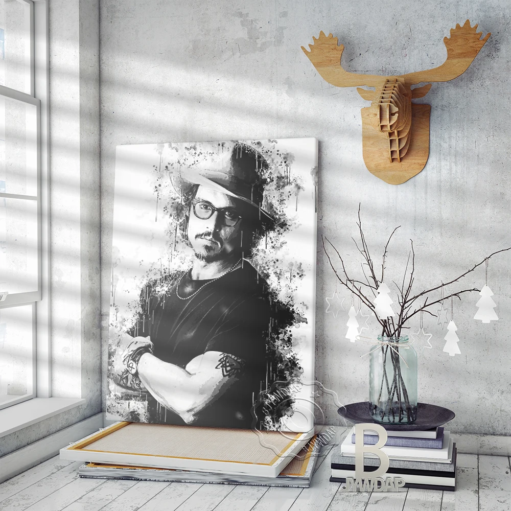 

Johnny Depp Black White Printing Poster, American Actor Handsome Man Portrait Art Prints, Watercolour Minimalism Home Wall Decor