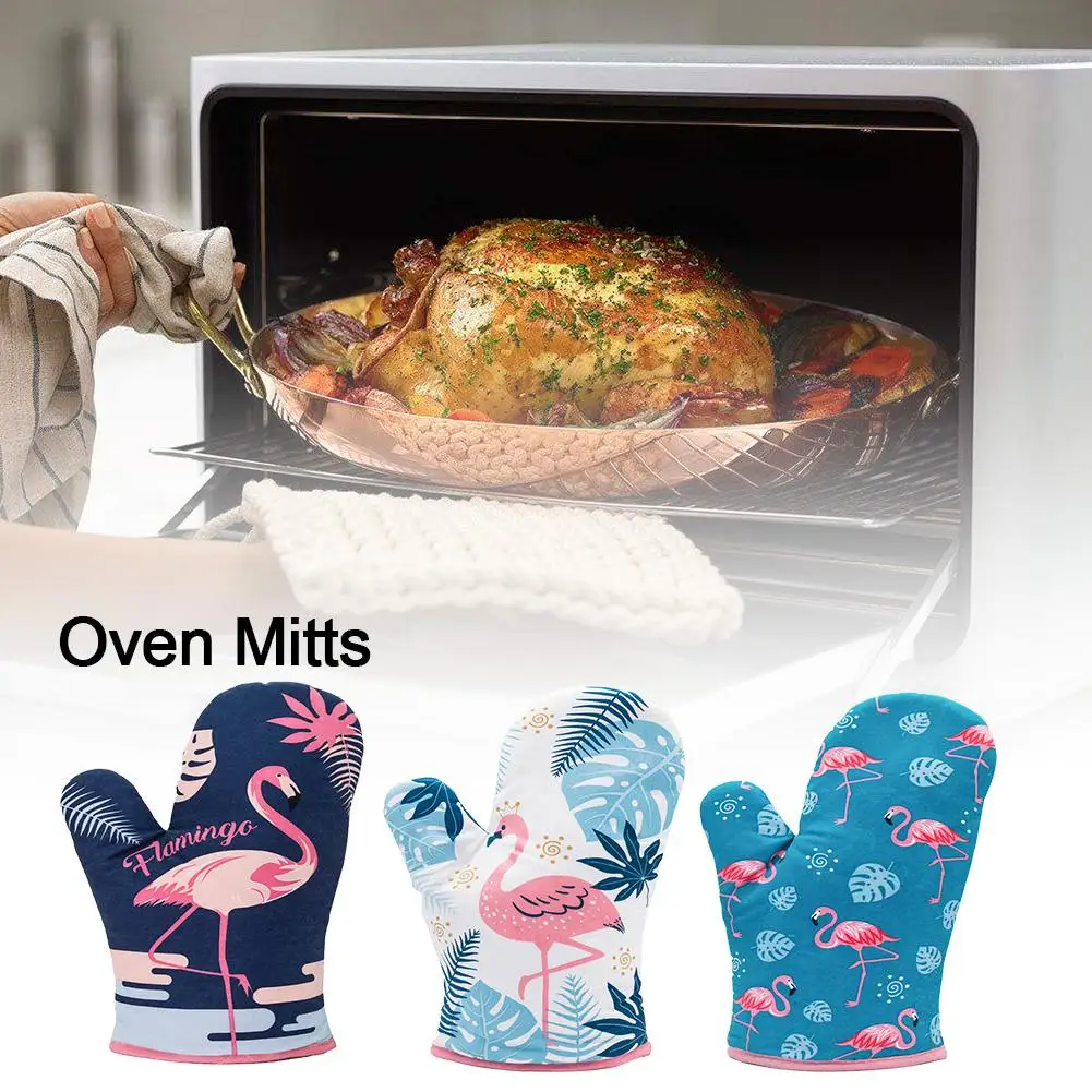 Flamingo Printed Oven Mitts Cotton Glove Kitchen Thickened Heat Resistant Non-slip Microwave Baking BBQ Oven Gloves