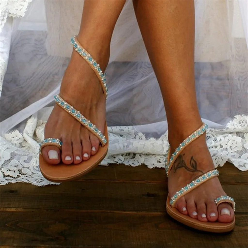 Женские сандалии в римском стиле с жемчугом и ремешками Босоножки без застежки