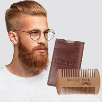 natural wood hair brush beard comb with pu leather case anti static mustache pocket comb brushing hair care tools for men gift