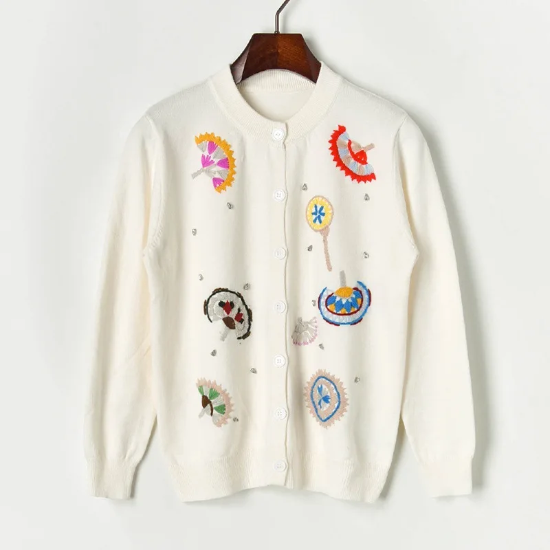 Женский белый кардиган осень 2020 Одуванчик леденец вышивка цветочный круглый
