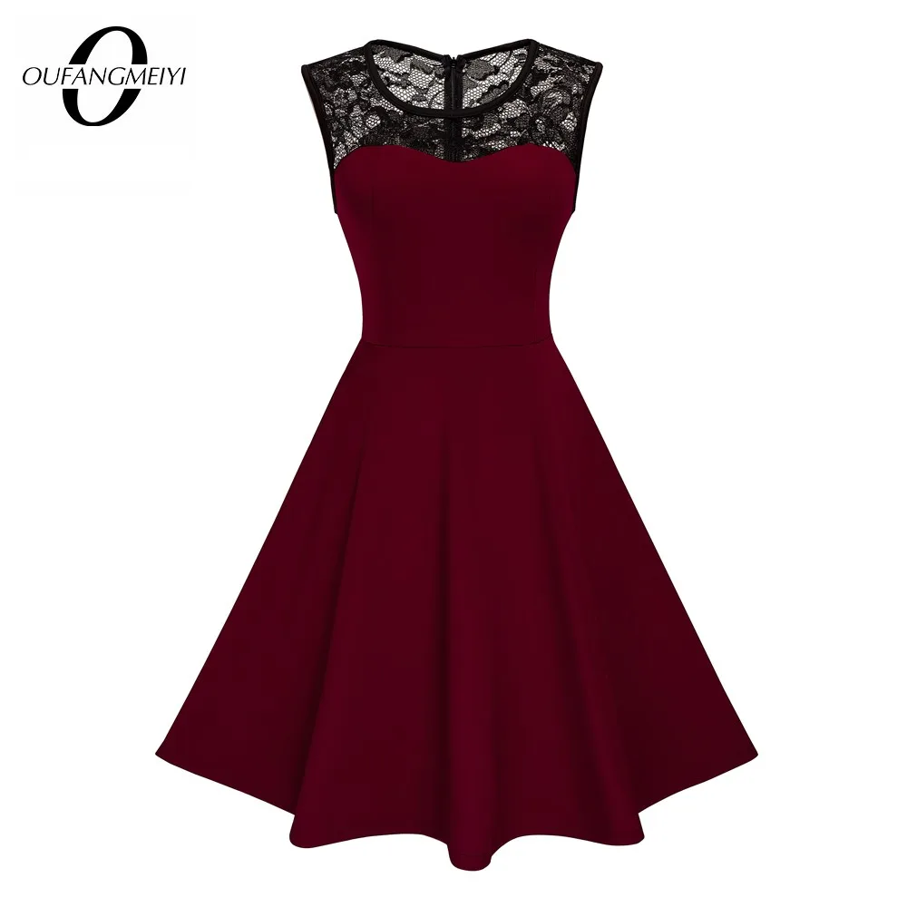 Женское кружевное платье-трапеция с круглым вырезом и цветочным принтом