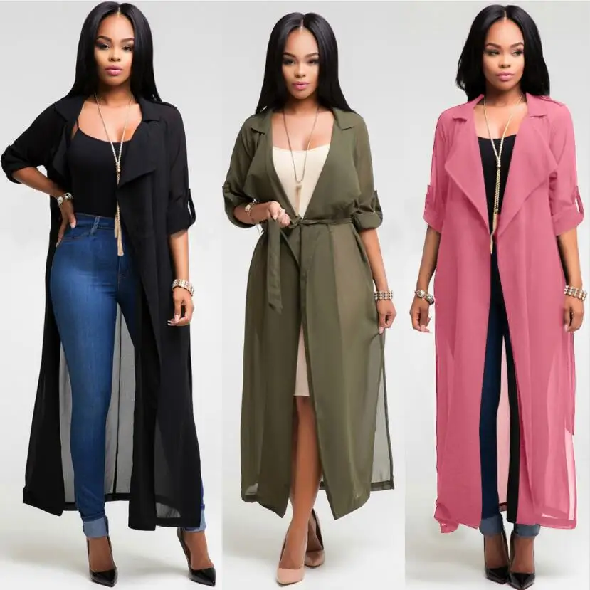 

Women's Long Sleeve Chiffon Lightweight Maxi Sheer Duster Cardigan Red Black Green Coat Female Outerwear