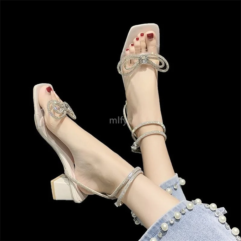 

Thick-heeled mid-heel sandals women's high-heeled shoes with rhinestones 2021 new summer rhinestone bow open-toed crystal shoes