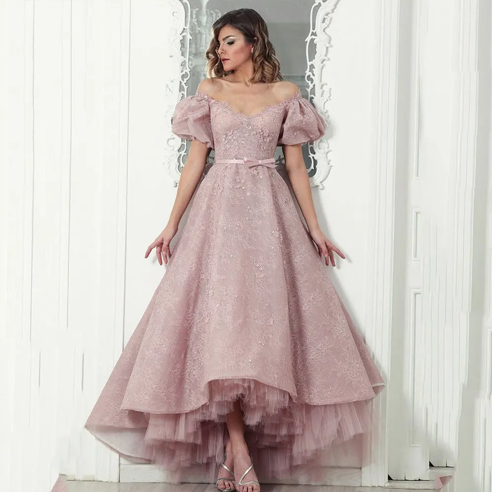 

Dubai Evening Dress Pink Party Gowns Royal Blue Prom Gowns V-Neck Lace Applique Metal Sequins 2021 Off-Should Formal Dresses