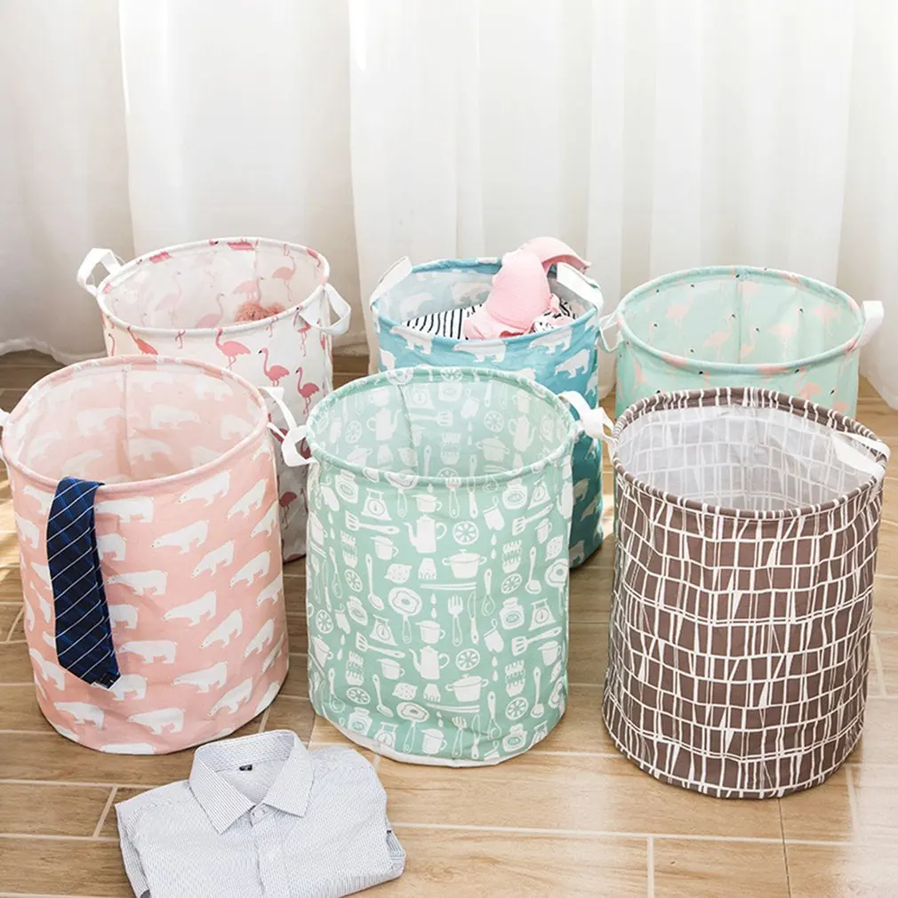 

Laundry Basket Waterproof Foldable Fabric Cotton Linen Bin Hand-held Hamper Bag Dirty Clothes Toy Collections Storage