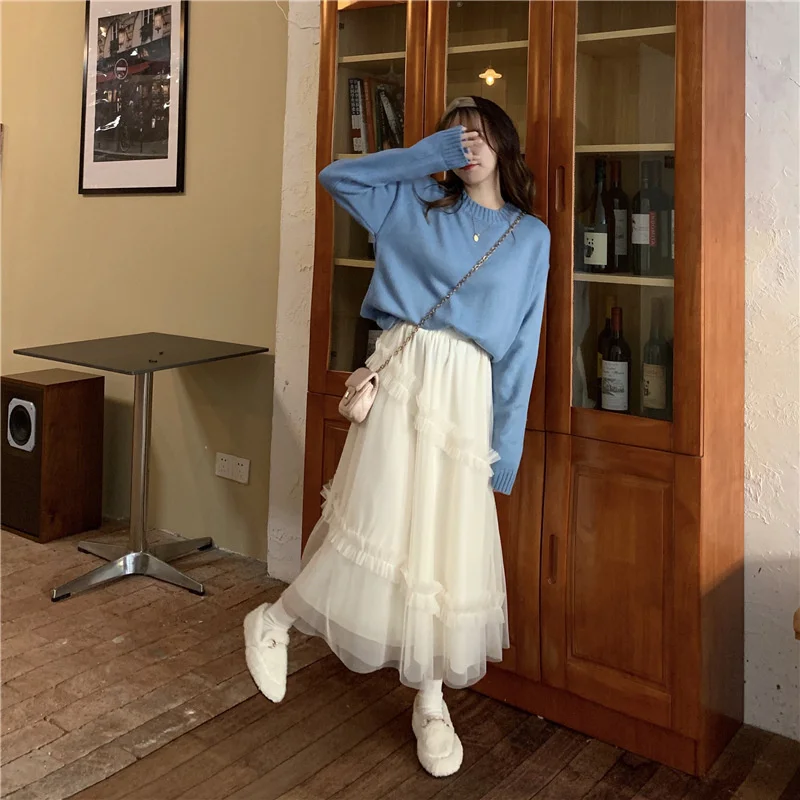 

Qooth New Mesh Skirt Super Fairy Spring Black Beige Skirt High Flexible Waist Long A-line Skirt All Match Bottoms Skirt QT525