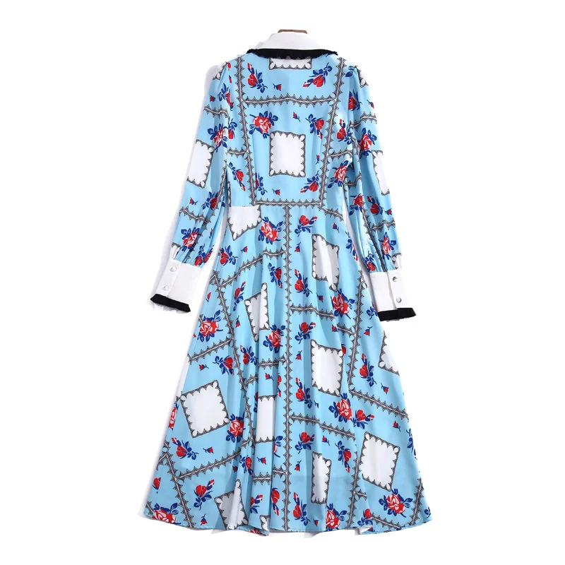 

Designer Runway Fashion Spring Autumn New Lapel Pleated Patchwork Party Casual Holiday Print Belt Slim Midi Women'S Dress