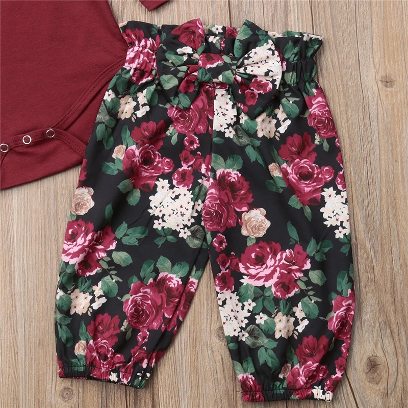 A 3Pcs Baby Set Clothes 2018 Girls Clothes Newborn Clothing Set Floral Clothing Long Sleeve Romper Pants Headbands Infant Outfit