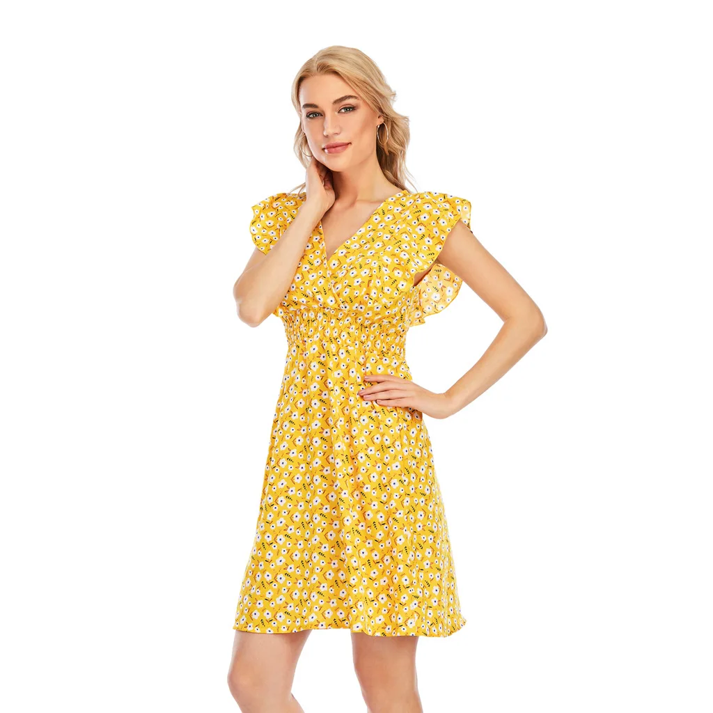 

Women Dresses Summer 2021 Sexy V Neck Floral Print Boho Beach Dress Ruffle Sleeveless A Line Mini Dress Casual Sundress Vestidos