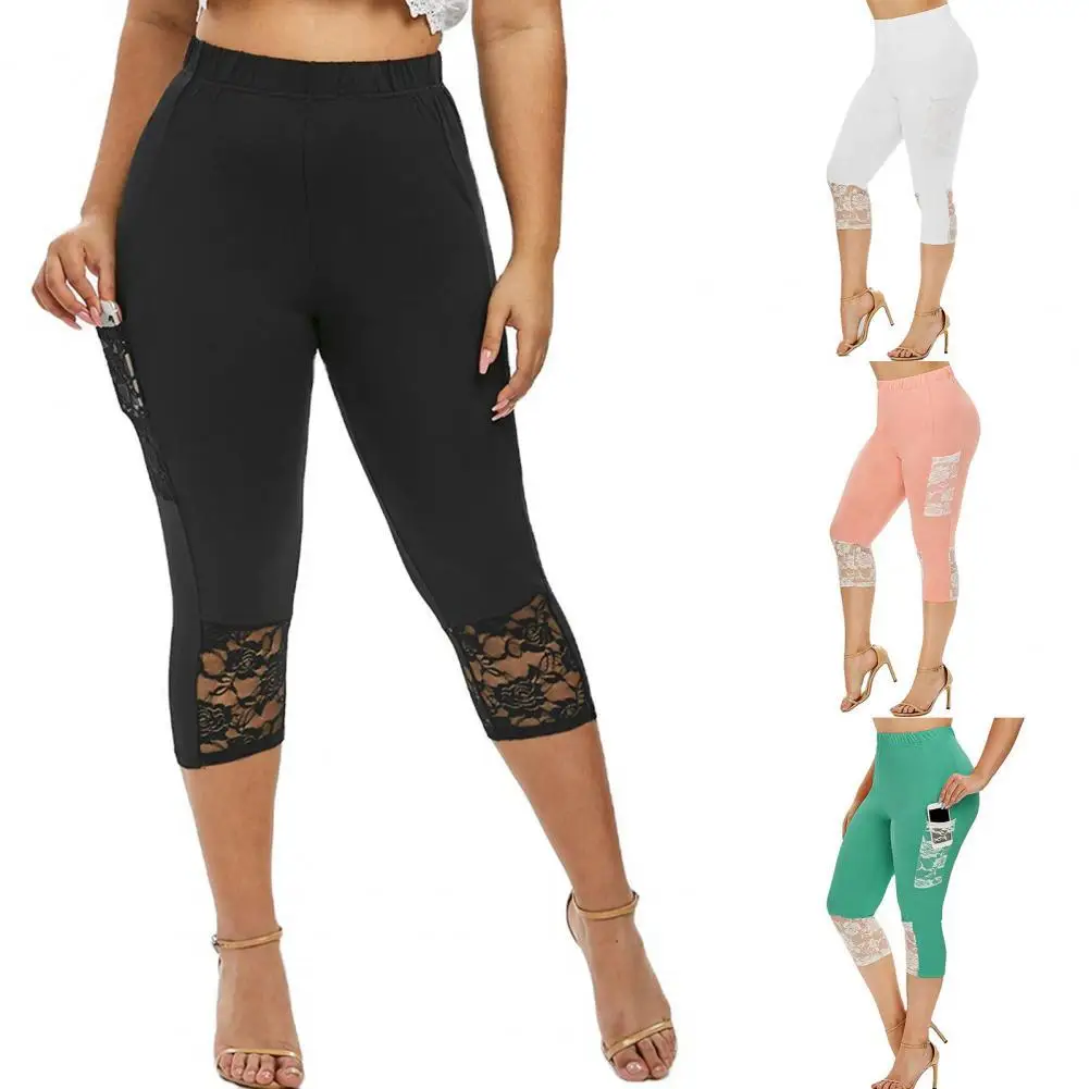 

Capris Leggings Side Pocket High Waist Running Yoga Pants Slim Fitness Quick Drying Casual Stretchy Lace Stitching Leggings 5XL