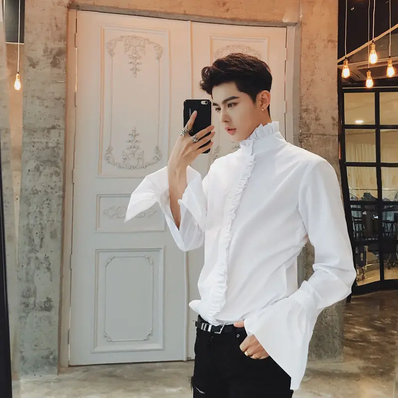 

Autumn designer's new alternative trumpet sleeve palace wind lotus leaf edge fashion brand net red shirt men's long sleeve shirt