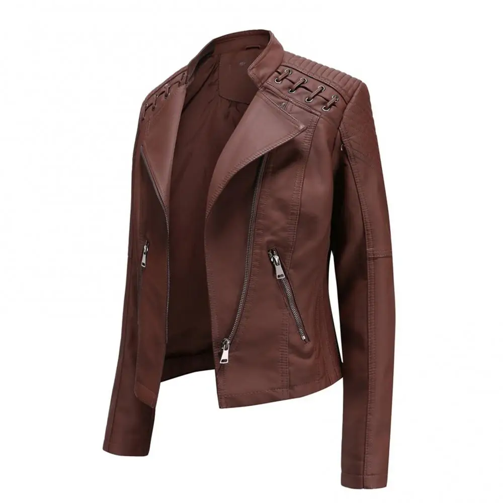 Women Autumn Winter Faux Leather Jacket Zipper Stand Collar Motorcycle Slim Coat Women's Coat Winter/Autumn 2021