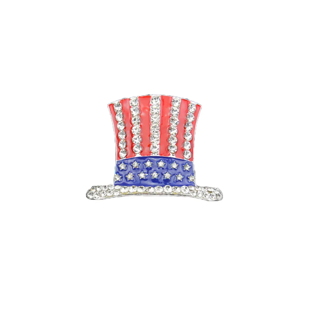 America USA Flag Hat Brooch Pin 48mm Red Blue White Enamel Rhinestone Crystal Flatback Brooch for Men's Suits July 4th Patriotic