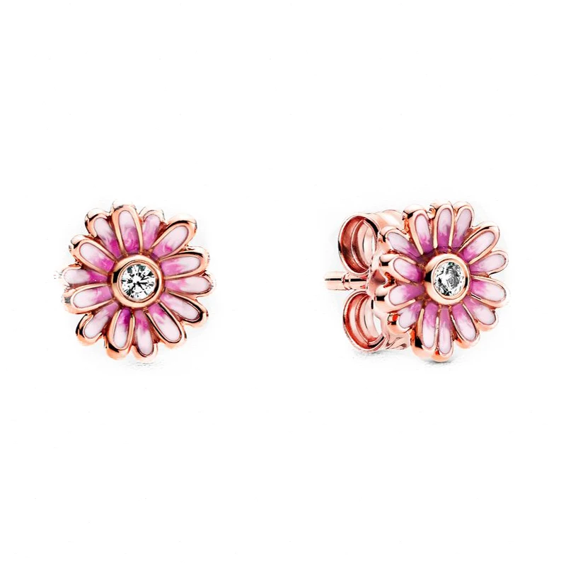 

Pink Daisy Flower Stud Earrings 100% 925 Sterling Silver Flower Stud Earrings For Fashion Women Jewelry Gift
