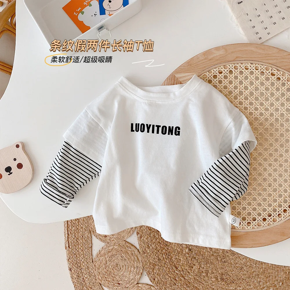 

Children's White T-shirts 2021 Autumn New Arrivals Baby Cartoon Fake Two-Piece T-shirts Children's Western Style Long Sleeves