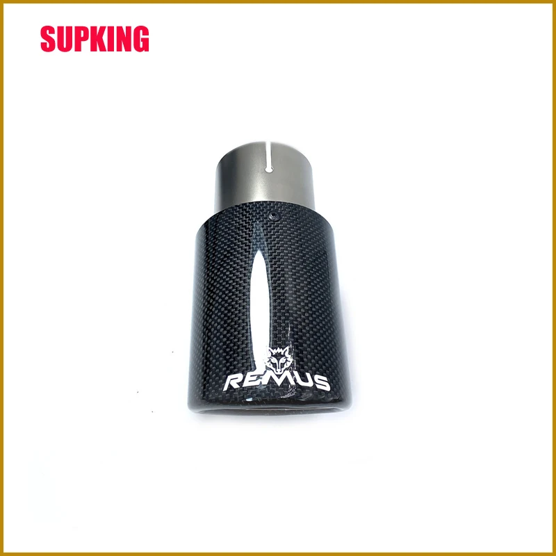 

1PC Car Exhaust Pipe Rolled Flange Glossy Carbon Fiber Tail End Tip Stainless Steel Muffler Pipe With Remus Logo