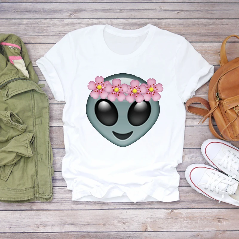 

Women \Cute Cartoon Alien Face 90s Print Womens T-shirts Top T Graphic Female Tee T-Shirt Short Sleeve Summer Shirt