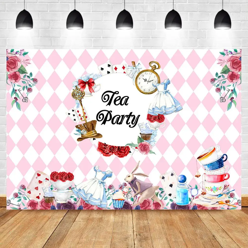 

Фон для фотосъемки Nitree Happy Rose Tea вечерние с игральной картой чайным комплектом в розовую белую клетку для отдыха Фотофон