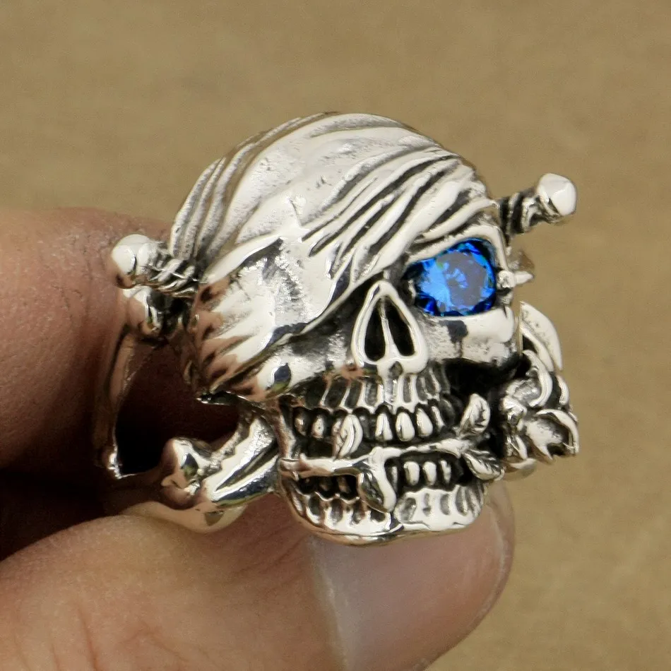 

Pirate Skull Ring Rose Blue CZ Stone 925 Sterling Silver Mens Biker Rock Punk Style 9W101 US Size 7 to 15