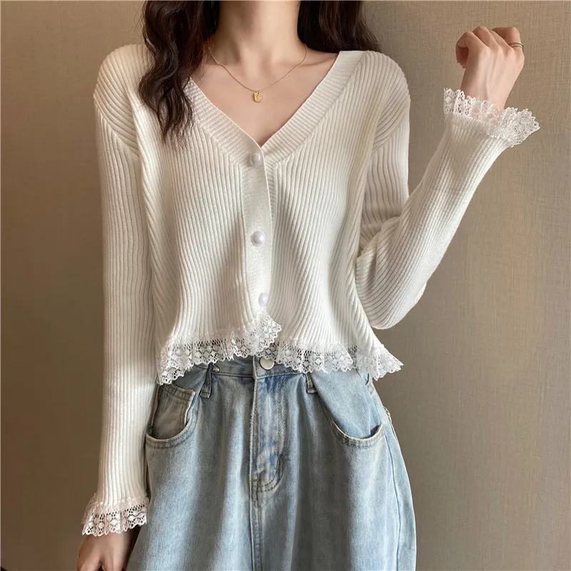 

Women Patched Lace O-Neck Knitted Long Sleeve Thin Sweaters Cardigans Lady Single-breasted Buttons Sweater Crop Tops Female