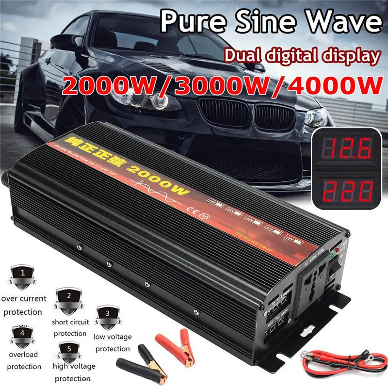 

2000/3000/4000W Pure Sine Wave Inverter Voltage Transformer Power Inverter DC 12/24V To AC 220V Converter With 2 LED Display