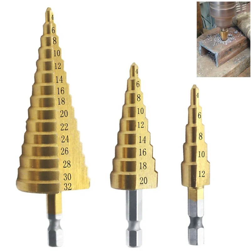 

3pcs HSS Titanium Coated Step Drill Bit 4-12 4-20 4-32 Drilling Power Tools Metal High Speed Steel Wood Hole Cutter Cone Drill