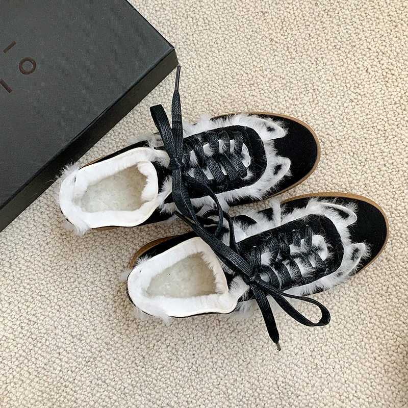 

2020 New Fashion Gneuine Leather Soft-soled German Peas Shoes Cow Suede Plus Velvet Warmth Lace-up Flat Women's Fur Shoes Black