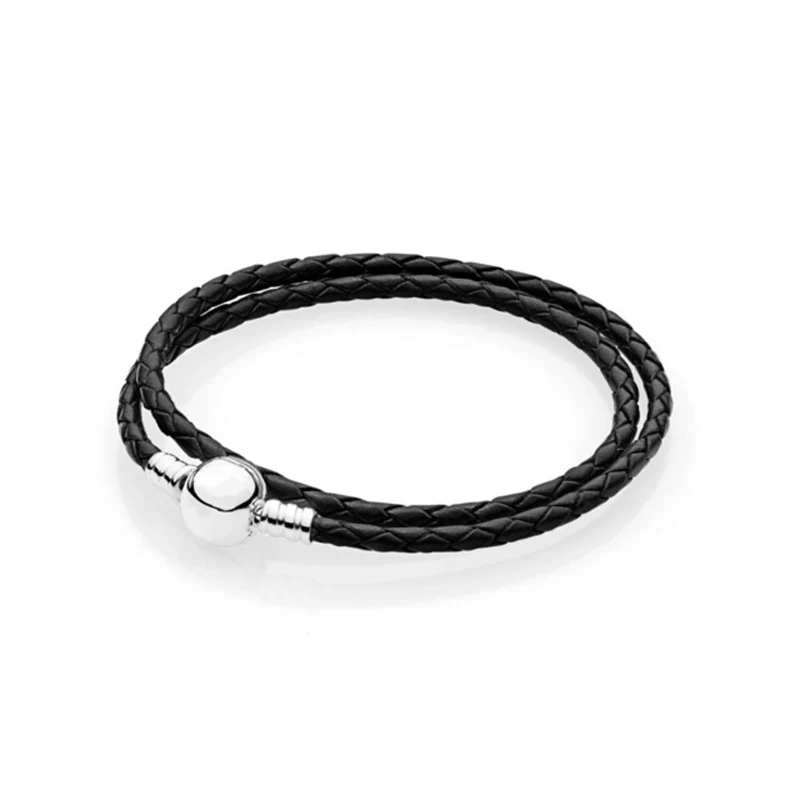 

Black Leather Bracelets Signature Round Ball Clasp Woven Braided Rope Bracelets for Women & Men DIY Silver 925 Jewelry Making