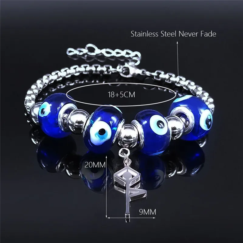 

Yoga Islam Eyes Glass Bead Stainless Steel Beads Bracelet Bangle Blue Silver Color Jewelry bijoux acier inoxydable femme BXS01